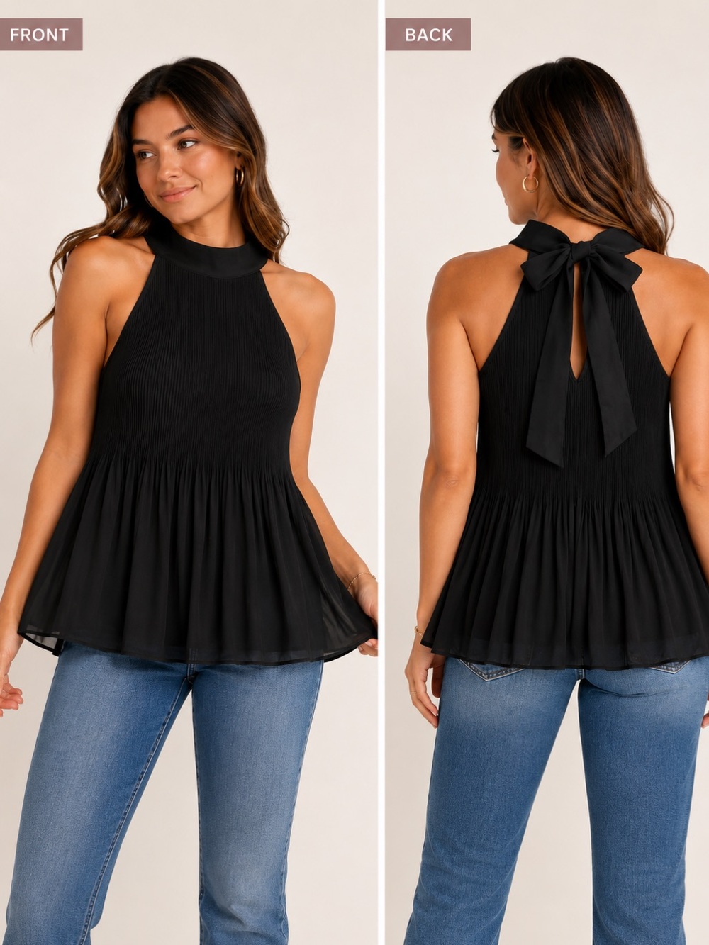 NWT MittoShop Black Pleated Halter Blouse Bow Back Swing Top Size Large
